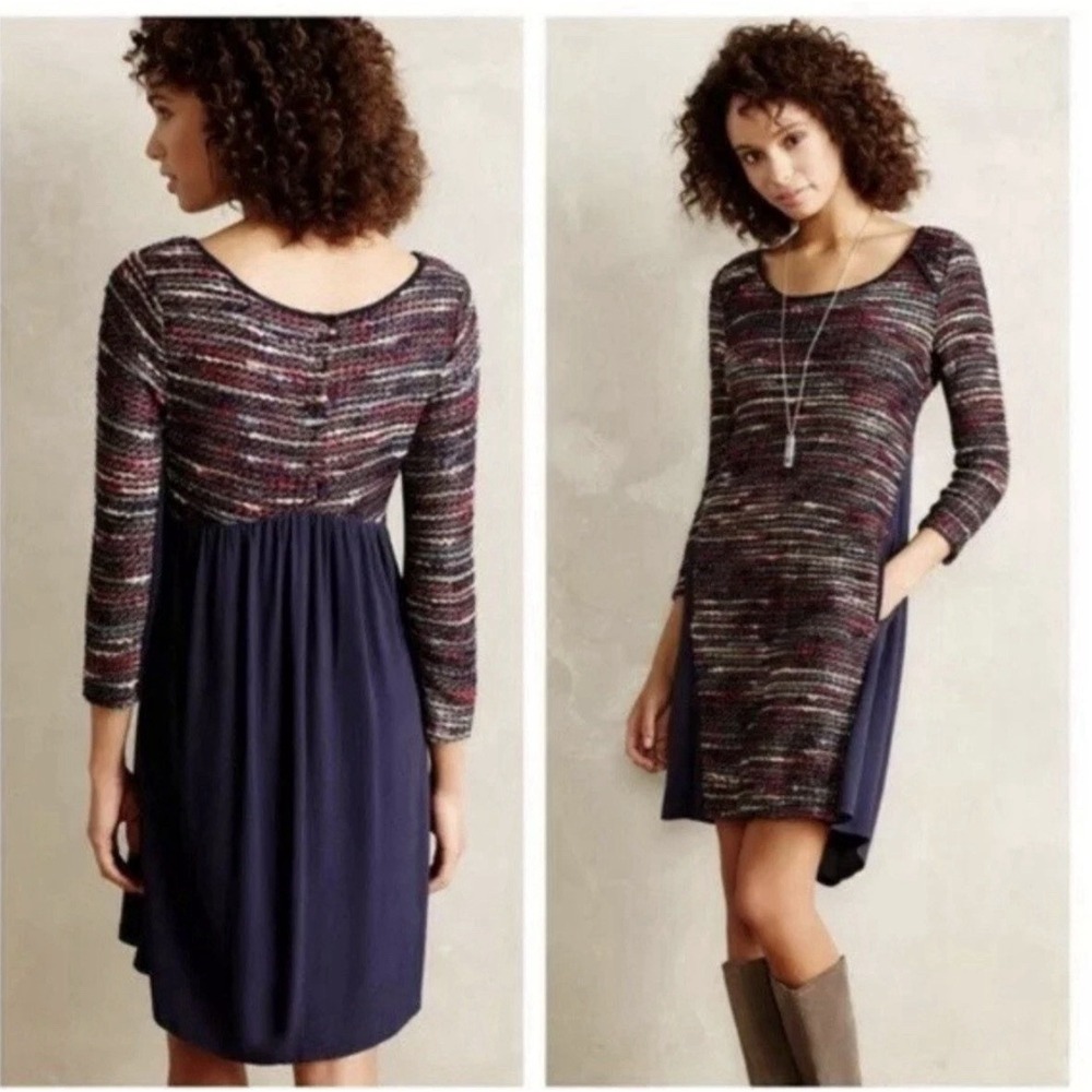 Anthropologieโ Maeve Women's Navy Boucle Stripe Knit Swing Dress Size XS $138